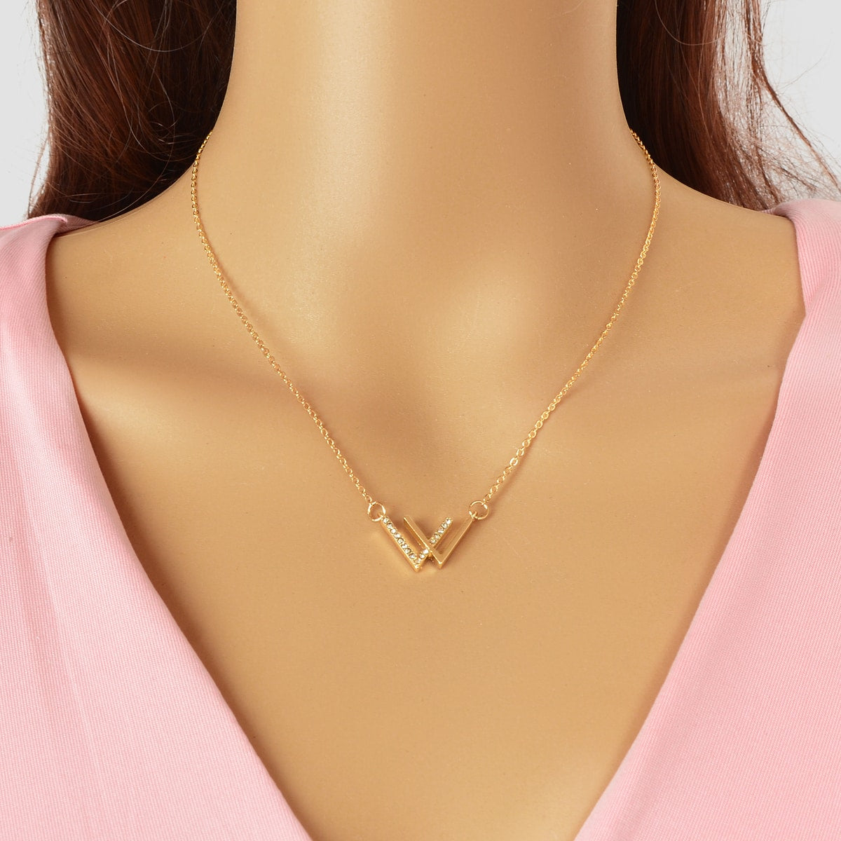 Minimalist Jewelry Rhinestone Decor Silver Chain V Shpe Geometric Charm Necklace-3