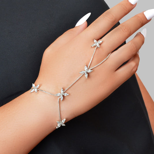 Diamond-Encrusted Chain Ring Connected Hand  Wrist Bracelet-0