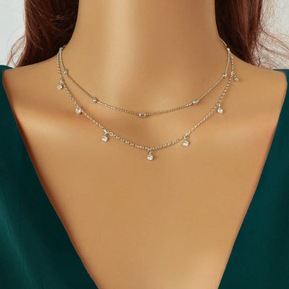 Sparkling Diamond Pendant Double Layer Silver Necklace Elegant Statement Jewelry-0