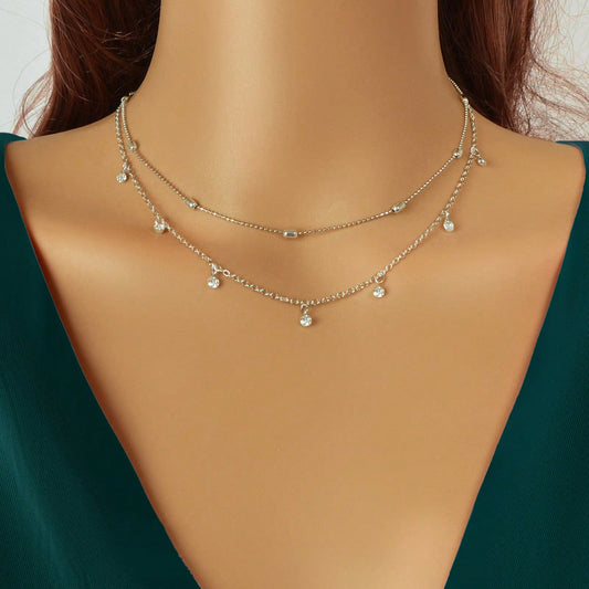 Sparkling Diamond Pendant Double Layer Silver Necklace Elegant Statement Jewelry-0