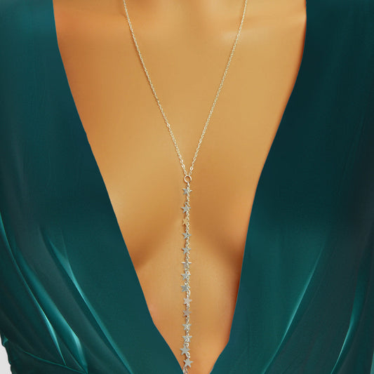 Stylish Dinner Jewellery Y Style Long Silver Chain Star Charm Pendant Necklace-0
