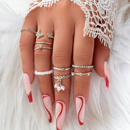 Set of Ten Silver Butterfly and Pearl Shaped Rings Elegant Statement Collection-0