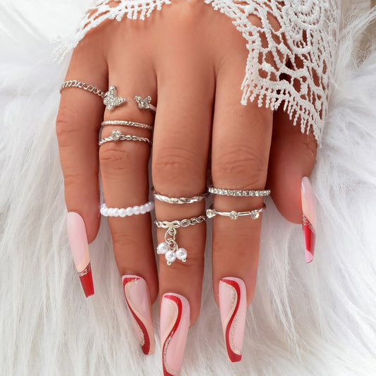 Set of Ten Silver Butterfly and Pearl Shaped Rings Elegant Statement Collection-0