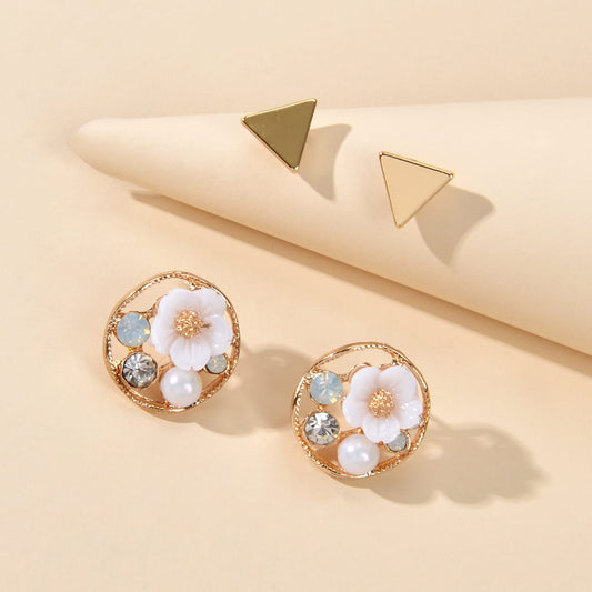 White Floral Stud Earrings Gold Triangle Earrings Set Elegant Jewelry Collection-0