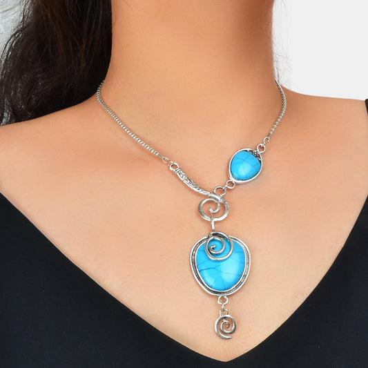 Turquoise Statement Pendant Necklace Antique Silver Jewelry-0