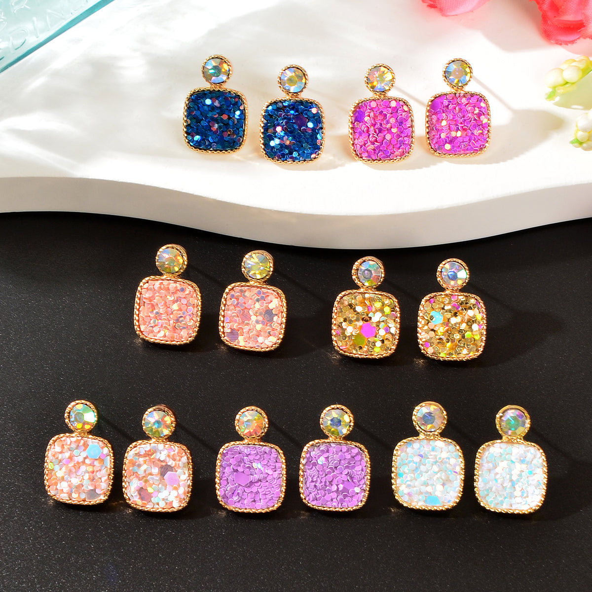 Colorful Square Glitter Sparkle Stud Earrings - Trendy Fashion Jewelry Accessory-0