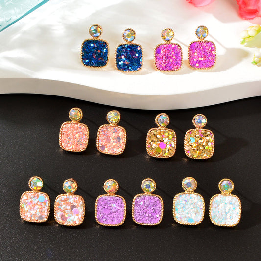 Colorful Square Glitter Sparkle Stud Earrings - Trendy Fashion Jewelry Accessory-0
