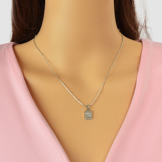 Minimalist Silver Chain Good Luck Letter Square Pendant Necklace Daily Jewellery-0