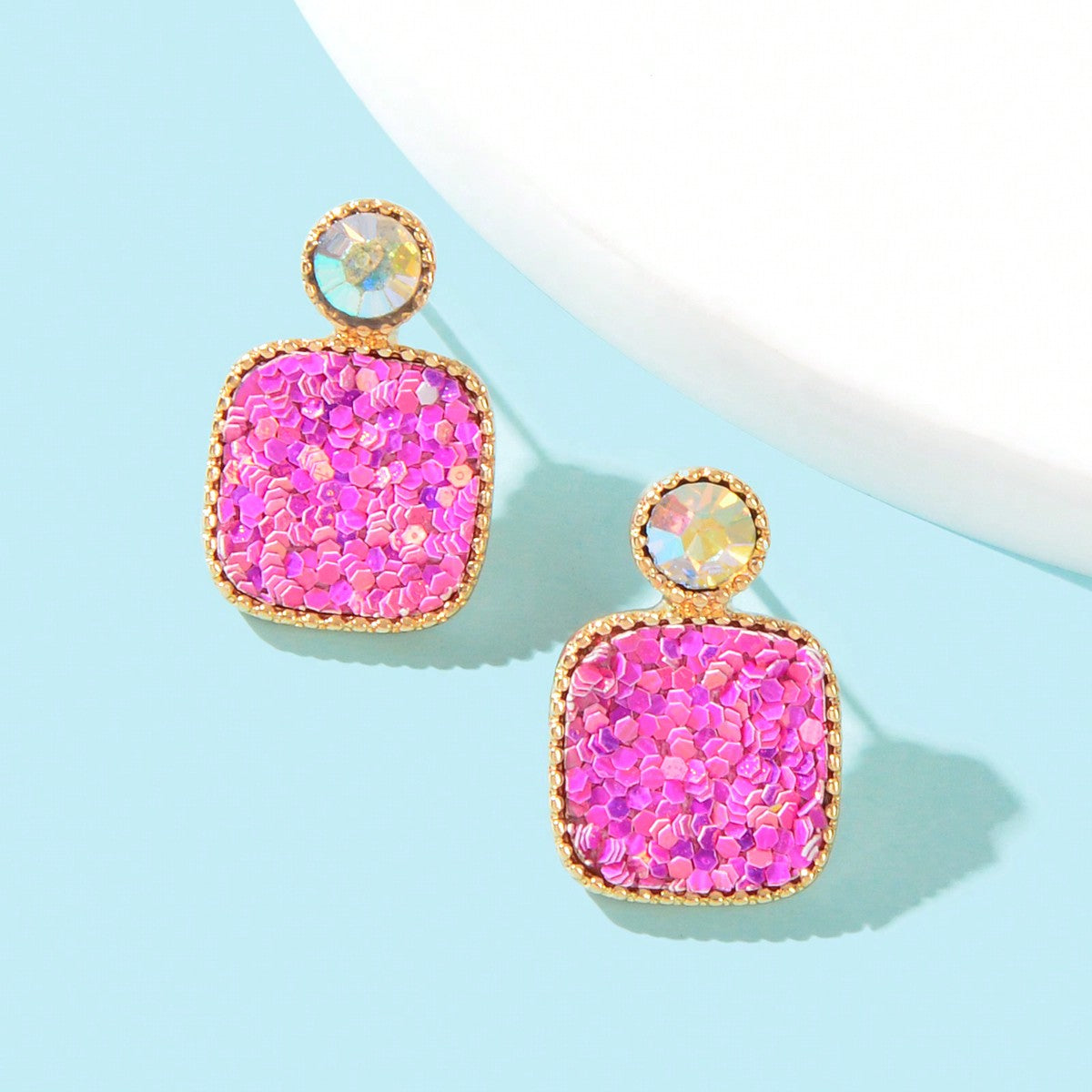 Shining Colourful Sequin Geometric Square Stud Earrings Wedding Dinner Jewellery-9