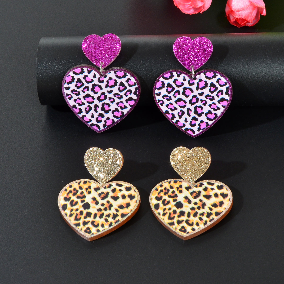 Colourful Leopard Print Heart Pendant Earrings Wild Style Statement Jewellery-0