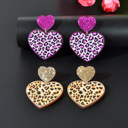 Colourful Leopard Print Heart Pendant Earrings Wild Style Statement Jewellery-0