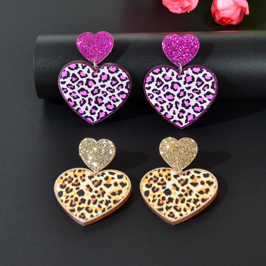 Colourful Leopard Print Heart Pendant Earrings Wild Style Statement Jewellery-0