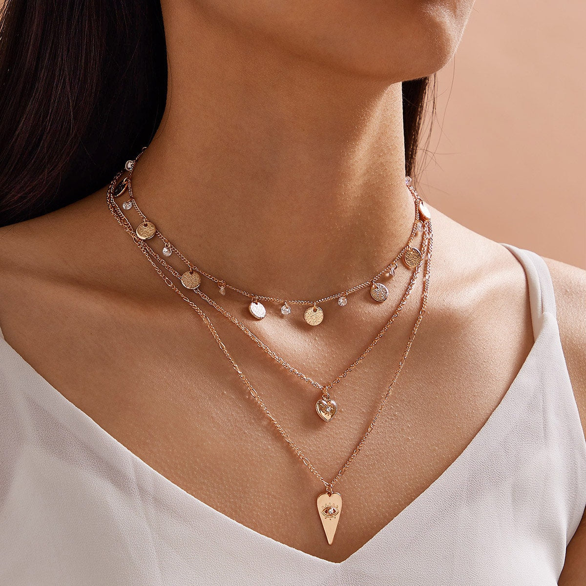 Stylish Triple-Layered Round Disc Heart Pendant Necklace Girls Unique Jewellery-0