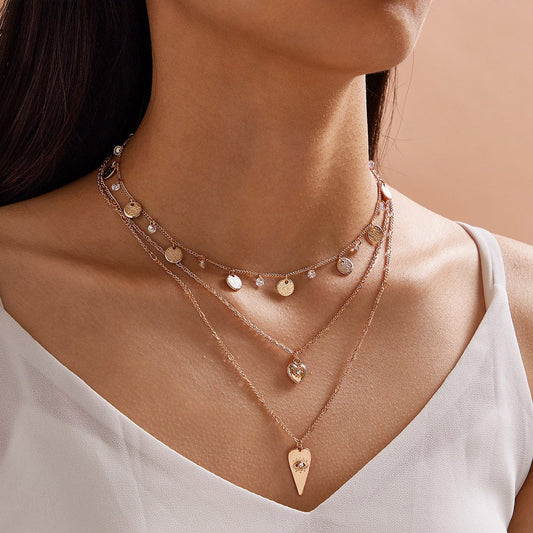 Stylish Triple-Layered Round Disc Heart Pendant Necklace Girls Unique Jewellery-0