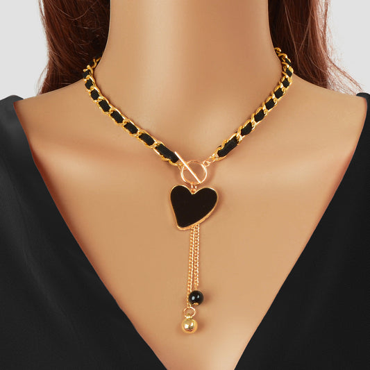 Designer Stylish Heart Charm Ball Pendant Tassel Braided Long Necklace for Party-0