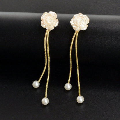Romantic Flower Pearl Charm Long Gold Chain Pendant Earrings-0