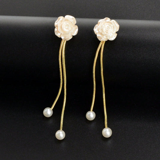 Romantic Flower Pearl Charm Long Gold Chain Pendant Earrings-0