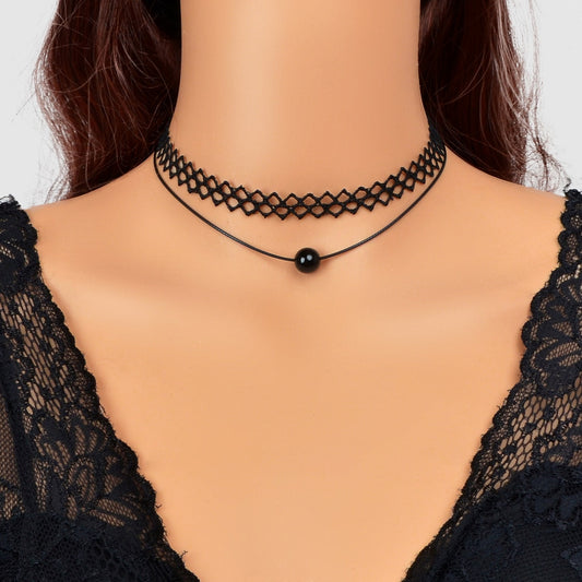 Double Layered Black Lace Short Necklace Elegant Gothic Style Choker-0