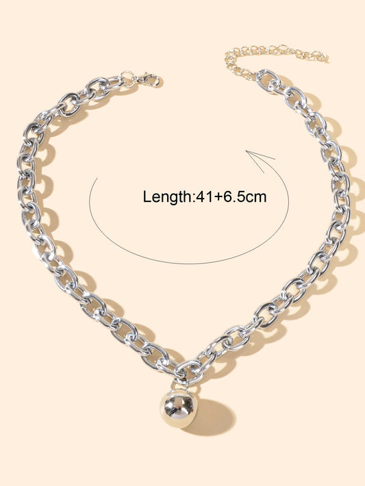 Silver Colour Chunky Chain Round Charm Necklace Grunge Women Clavicle Jewellery-1