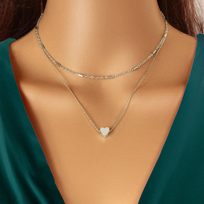 Minimalist Chic Double layer Silver Chain Heart Pendant Clavicle Party Necklace-0