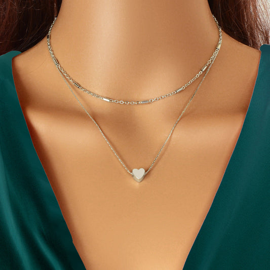 Minimalist Chic Double layer Silver Chain Heart Pendant Clavicle Party Necklace-0