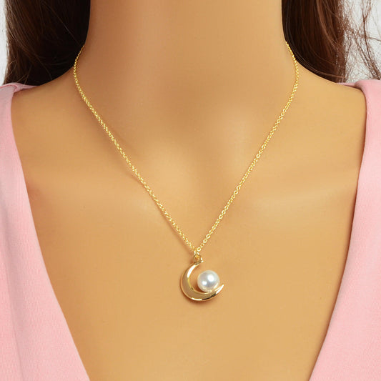 Elegant Imitation Pearl Decor Gold Chain Moon Pendant Necklace Dinner Jewellery-0