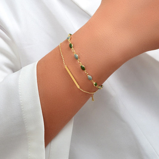 Stylish Colorful Oval Pendant Double-Layer Chain Bracelet-0