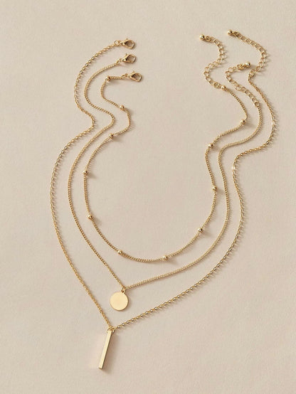 Boho Multi-Layer 3pcs Bar Disc Charm Metal Round Beads Chain Choker Necklace-0
