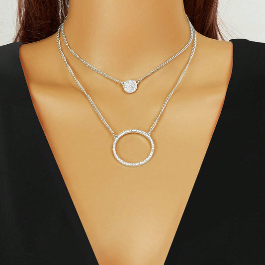 Silver Double-Layered Large Circle Pendant Necklace - Stylish Statement Jewelry-0