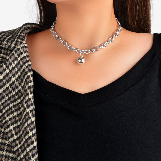 Silver Colour Chunky Chain Round Charm Necklace Grunge Women Clavicle Jewellery-0