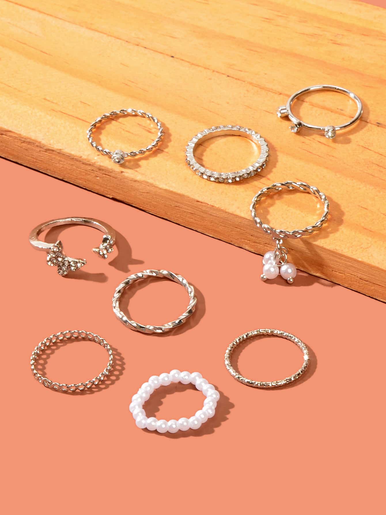 Set of Ten Silver Butterfly and Pearl Shaped Rings Elegant Statement Collection-1