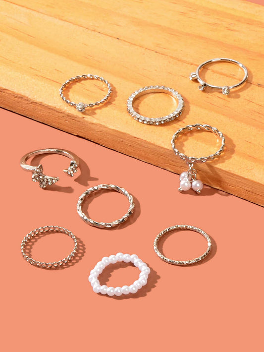 Set of Ten Silver Butterfly and Pearl Shaped Rings Elegant Statement Collection-1