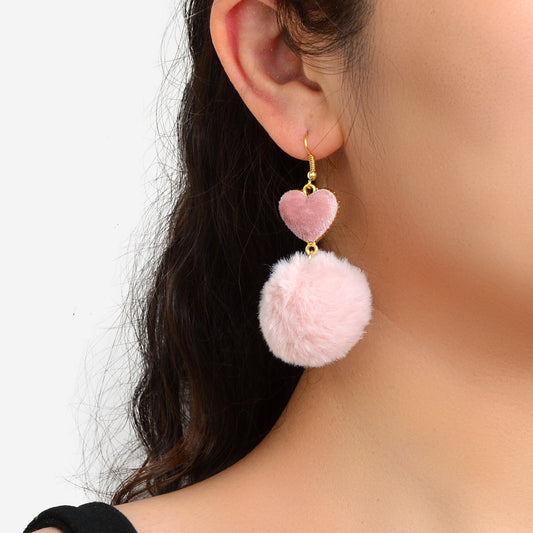 Faux Fur Fluffy Ball Handmade Soft Plush Pom Pom Heart Dangle Earrings Jewellery-0
