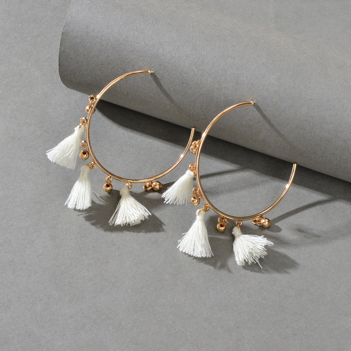 Ethnic Jewellery Boho Chic White Tassel Gold Circle Huggie Hoop Trendy Earrings-0