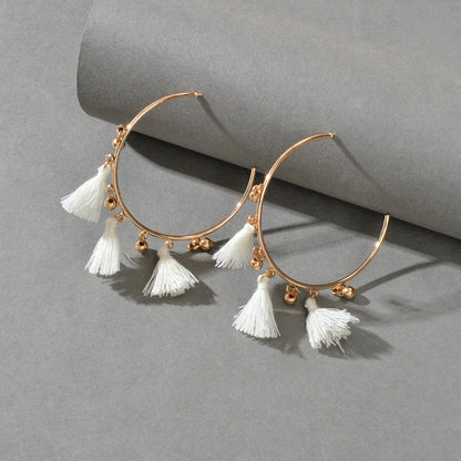 Ethnic Jewellery Boho Chic White Tassel Gold Circle Huggie Hoop Trendy Earrings-0