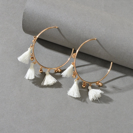 Ethnic Jewellery Boho Chic White Tassel Gold Circle Huggie Hoop Trendy Earrings-0