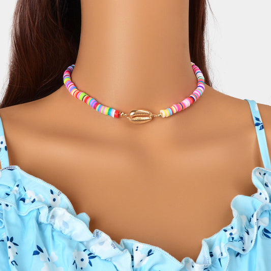 Surfer Choker Polymer Clay Necklace Boho Colourful Vinyl Disc Shell Collar Gift-0