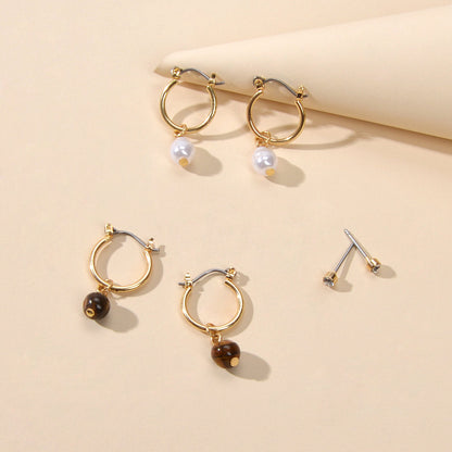 3 pairs Ear Jewellery Pearl Beads Charm Hoop Earrings set Rhinestone Studs Gift-0