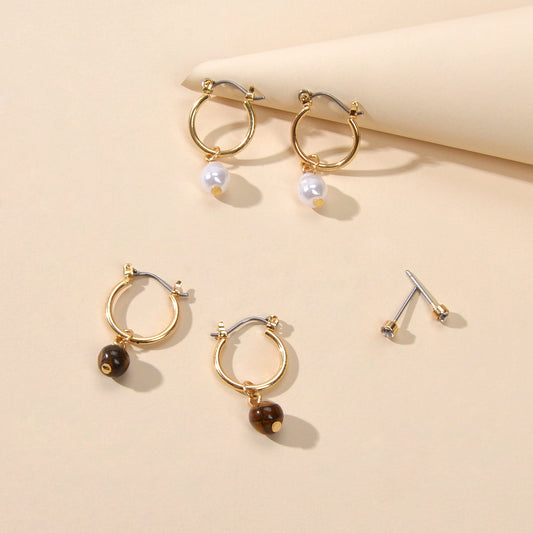3 pairs Ear Jewellery Pearl Beads Charm Hoop Earrings set Rhinestone Studs Gift-0