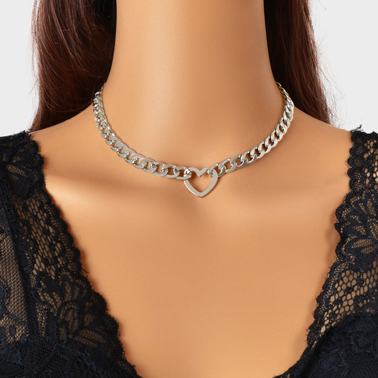 Fashion Punk Choker Crude Silver Link Chain Heart Charm Collar Clavicle Necklace-0