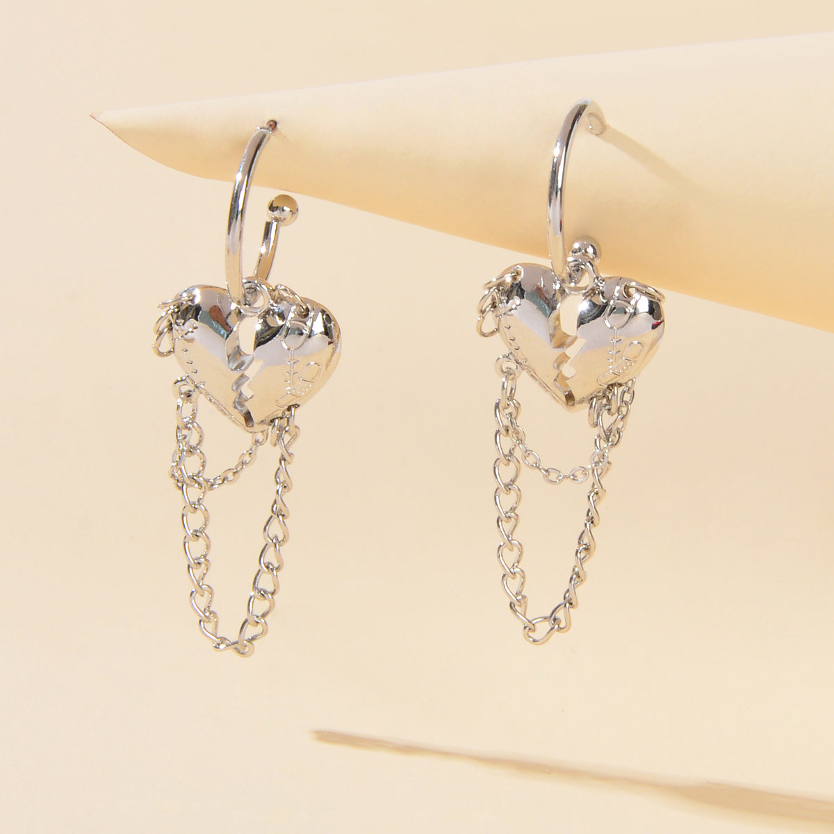 Punk Statement Silver Layered Chain Heart Charm Designer Jewellery Hoop Earrings-0