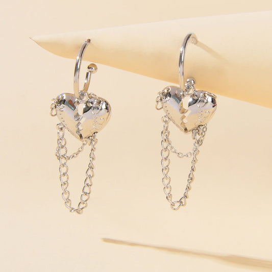 Punk Statement Silver Layered Chain Heart Charm Designer Jewellery Hoop Earrings-0