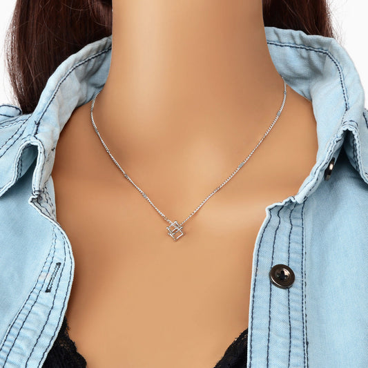 Silver Chain 3D Cube Pendant Necklace Popular Accessories Party Gift Jewellery-0