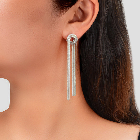 Fashion Silver Long Chain Tassel Pendant Earrings Women Party Dinner Jewellery-0