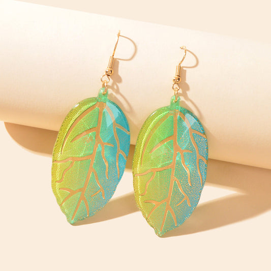 Green Leaf Acrylic Drop Dangle Statement Earrings Bohemian Summer Cool Jewellery-0