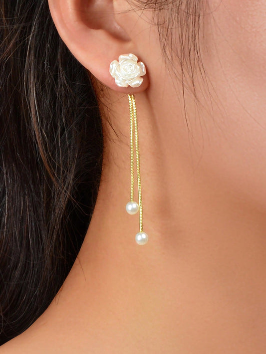 Romantic Flower Pearl Charm Long Gold Chain Pendant Earrings-1
