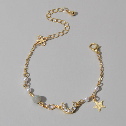 Luxurious Jewellery Party Wear Gold Chain Rhinestone Star Moon Charm Bracelet-0