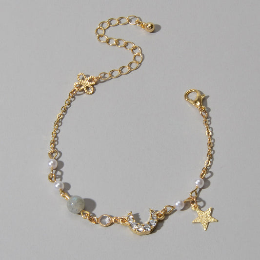 Luxurious Jewellery Party Wear Gold Chain Rhinestone Star Moon Charm Bracelet-0