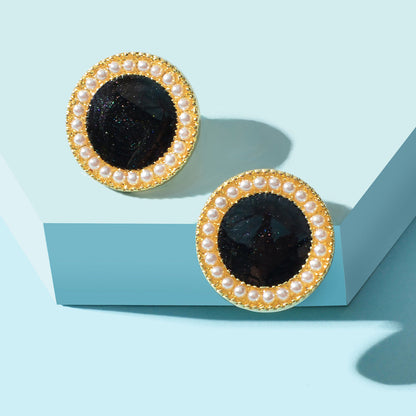 Elegant Pearl Decor Black Enamel Round Stud Earrings Women Dinner Party Jewelry-5