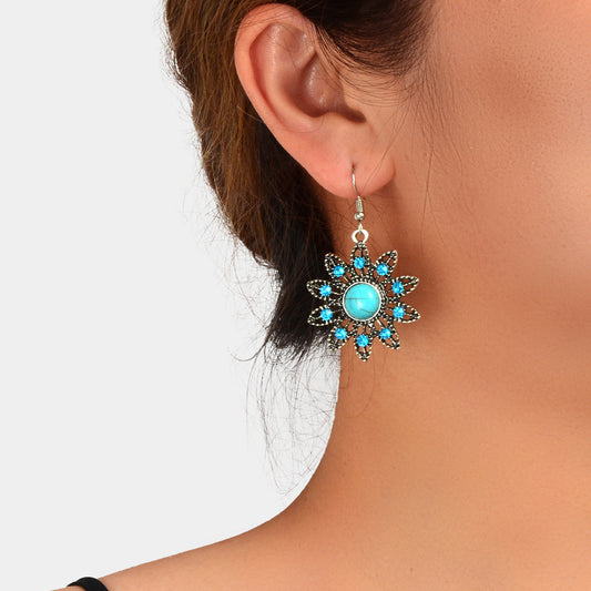 Vintage Jewelry Antique Silver Hollow out Blue Turquoise Flower Dangle Earrings-0
